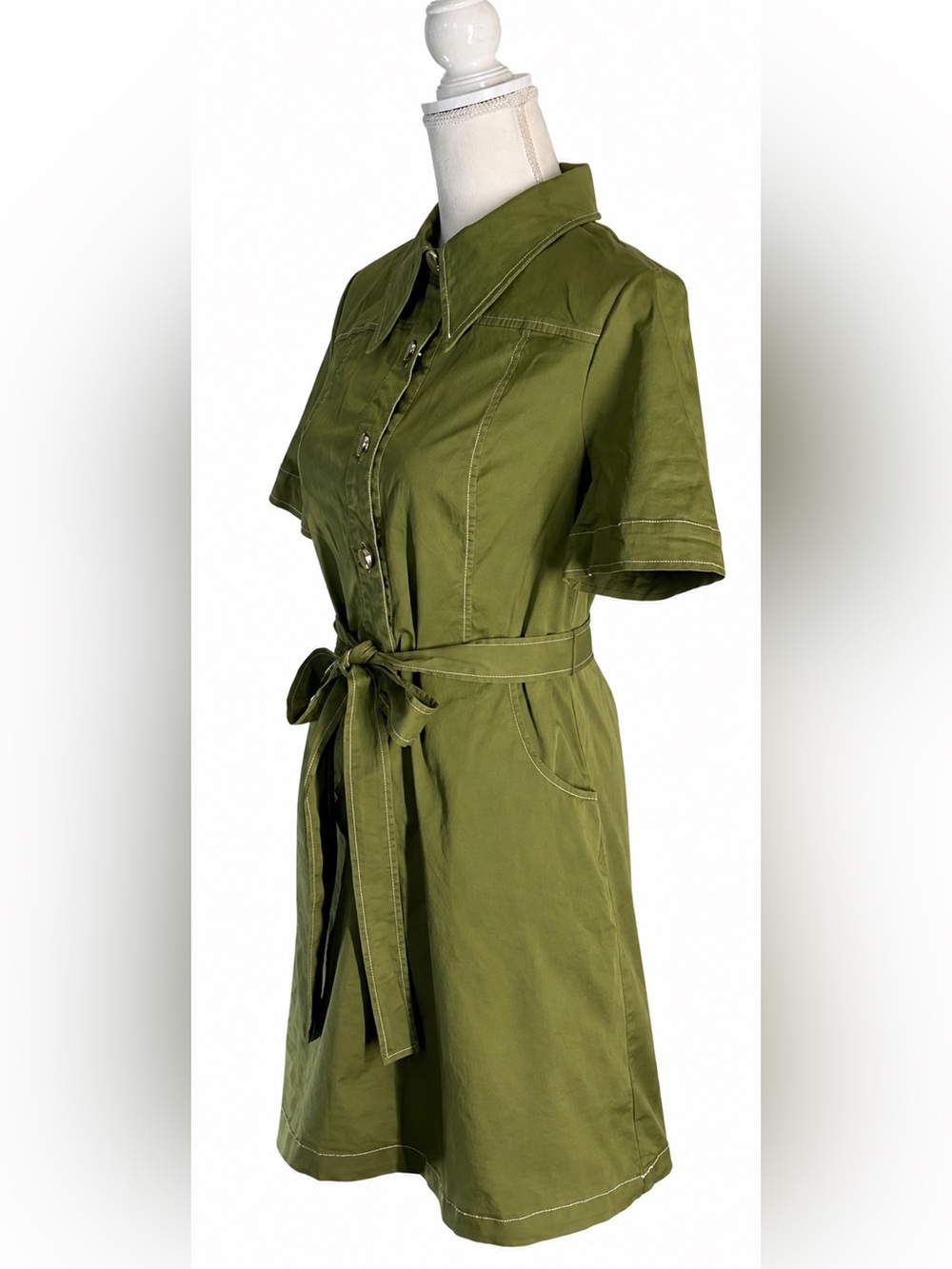 ModCloth Olive Green Utility Shirt Dress Button Front Tie Waist Pockets Retro 8 - Picture 5 of 16